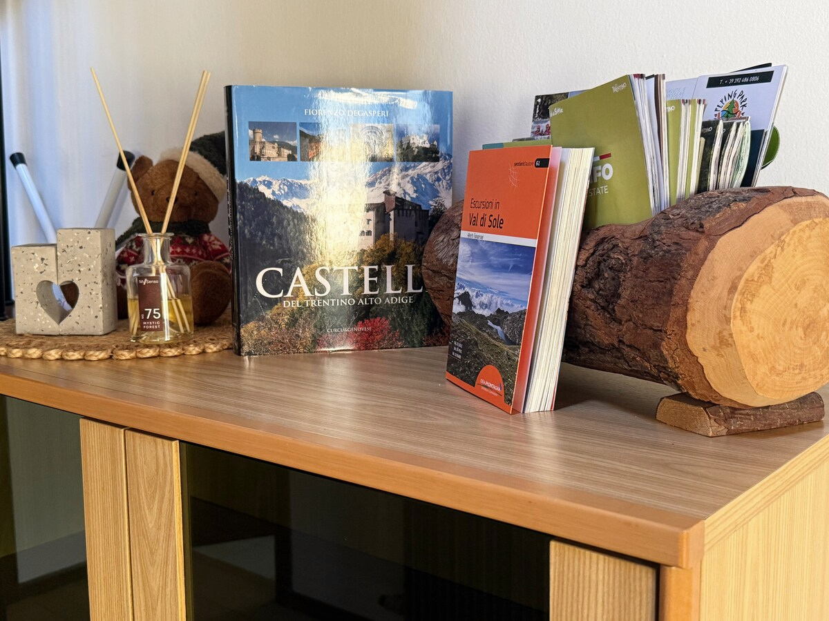 Guide e libri sulla Val di Sole in un portaguide di legno