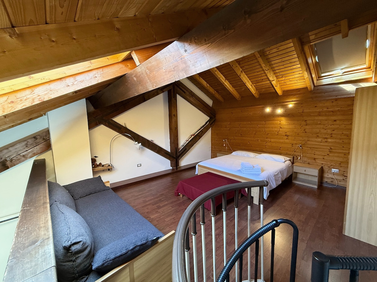 Vista ampia della camera mansardata, con letto matrimoniale, divanetto e travi in legno